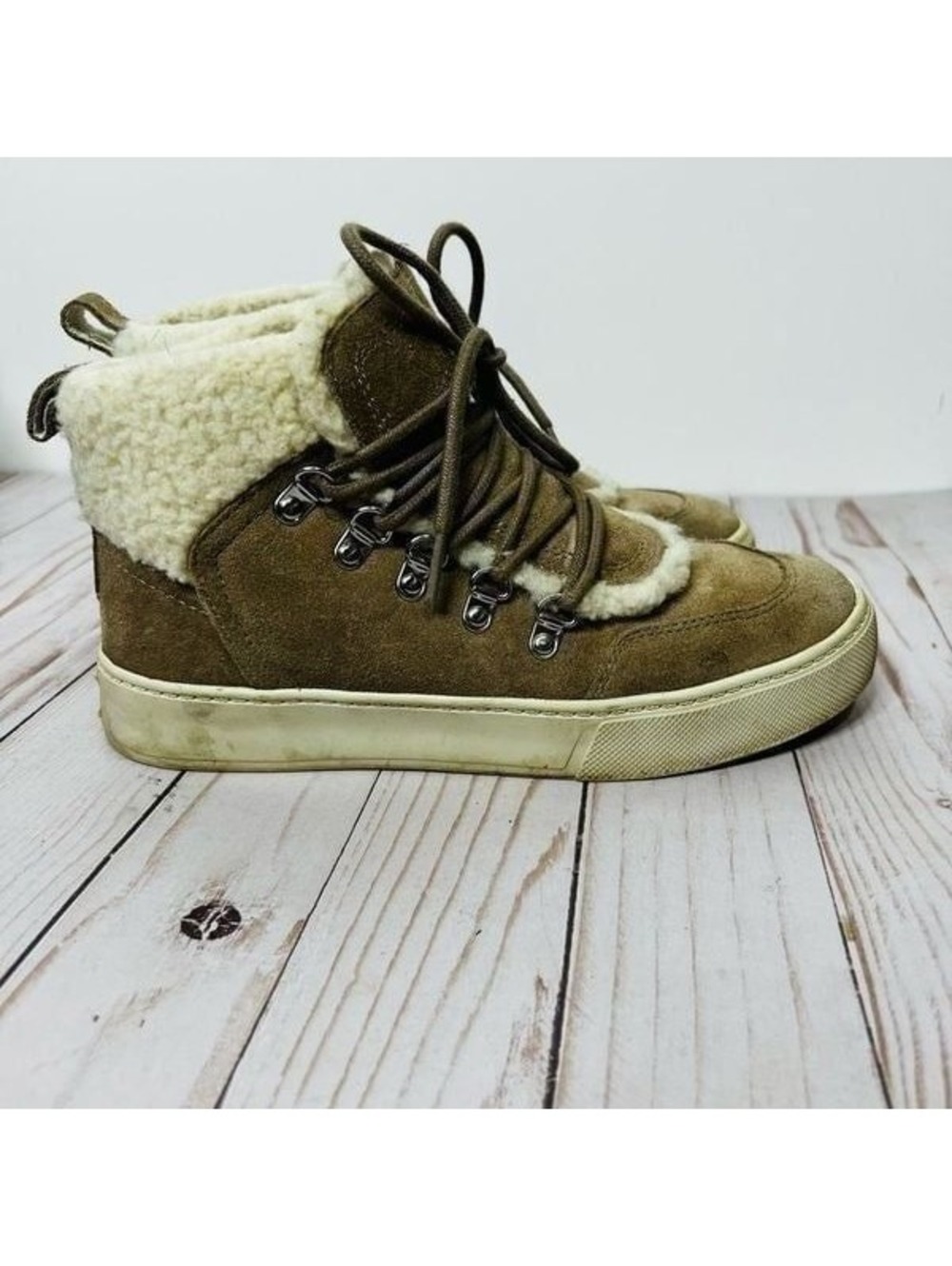 Marc Fisher LTD Sana Faux Fur Trim Leather Sneakers Tan Booties Sz 5 1/2